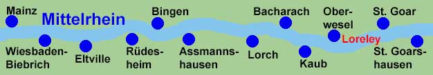 Rheinschifffahrt zwischen Mainz, Wiesbaden-Biebrich, Eltville, Rdesheim, Bingen, Assmannshausen, Lorch, Bacharach, Kaub, Oberwesel, St. Goar und St. Goarshausen an der Loreley.